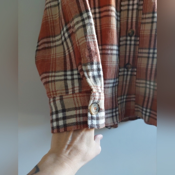 Oversized Plaid Shirt Jacket Women's Large Orange Brown New - Picture 5 of 7